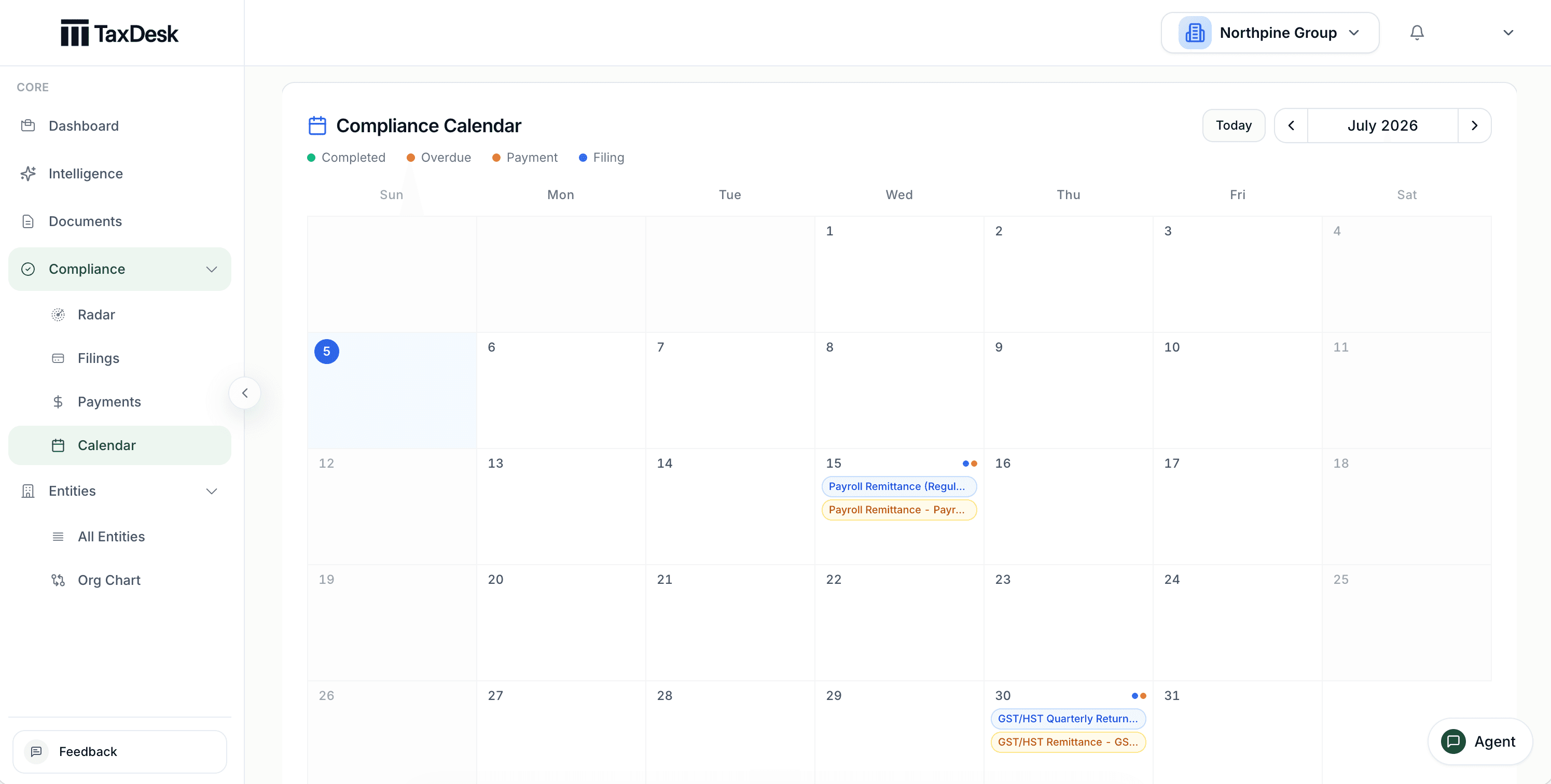 TaxDesk compliance calendar with filing obligations across entities.