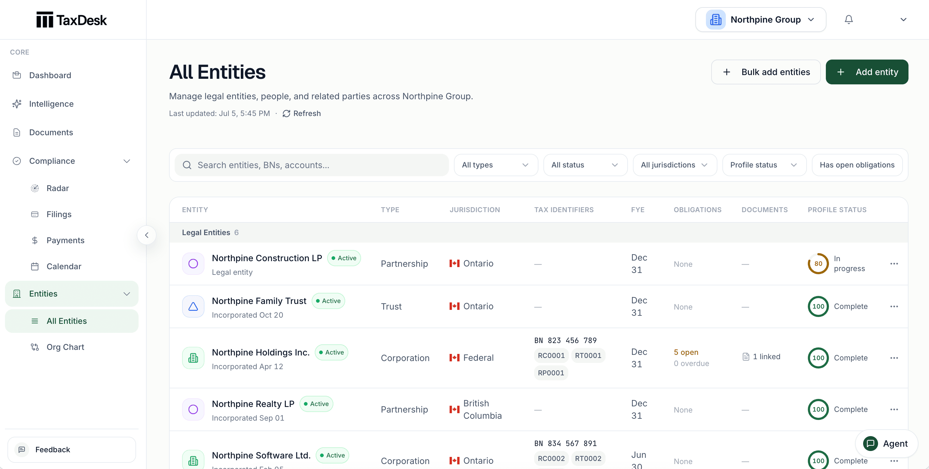 TaxDesk entity inventory showing corporations, trusts, partnerships and other entities in one workspace.