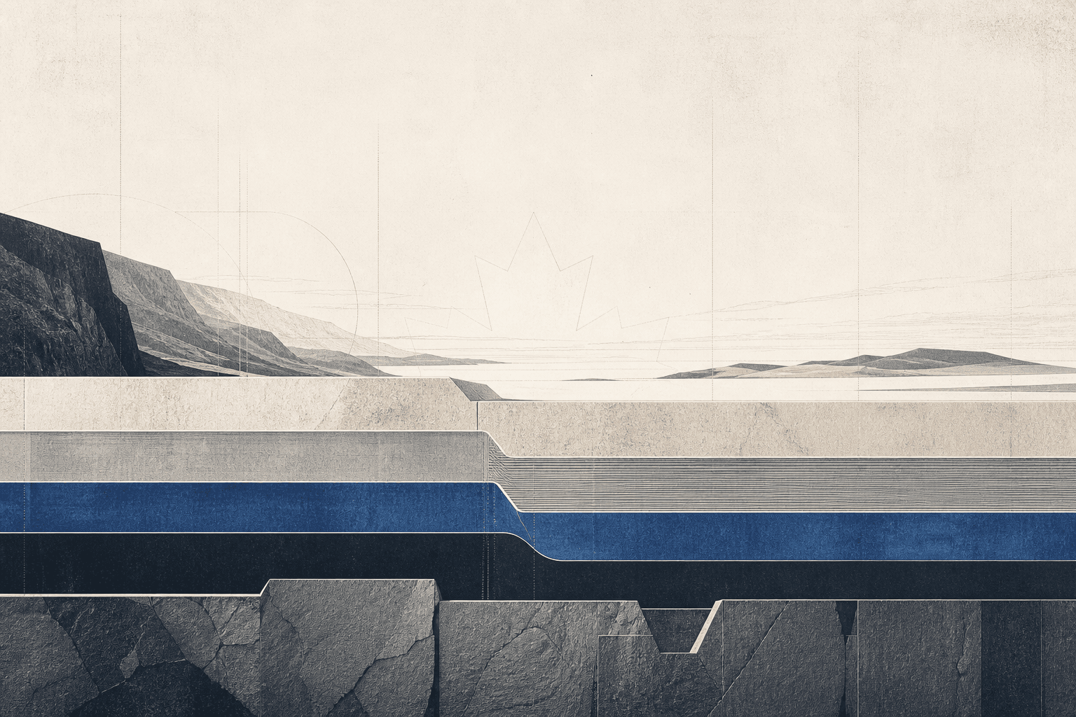 An abstract architectural cross-section of four connected layers set beneath a quiet Canadian horizon.