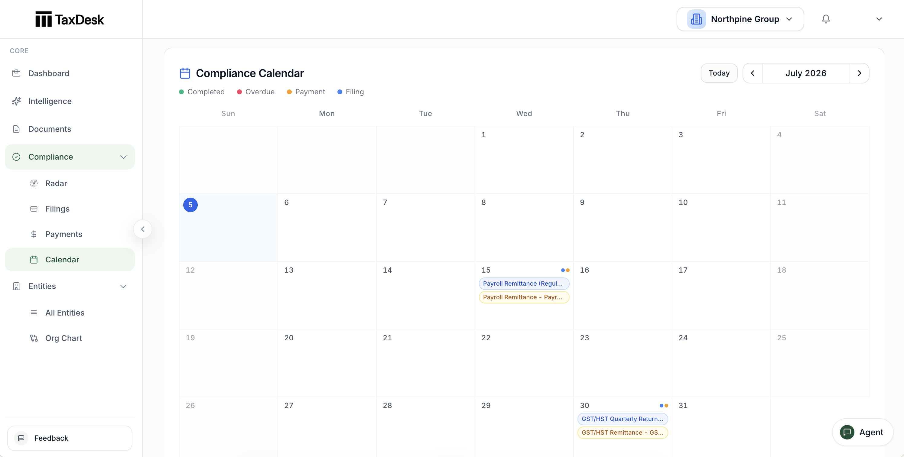 TaxDesk compliance calendar showing dated filing and payment obligations across entities.