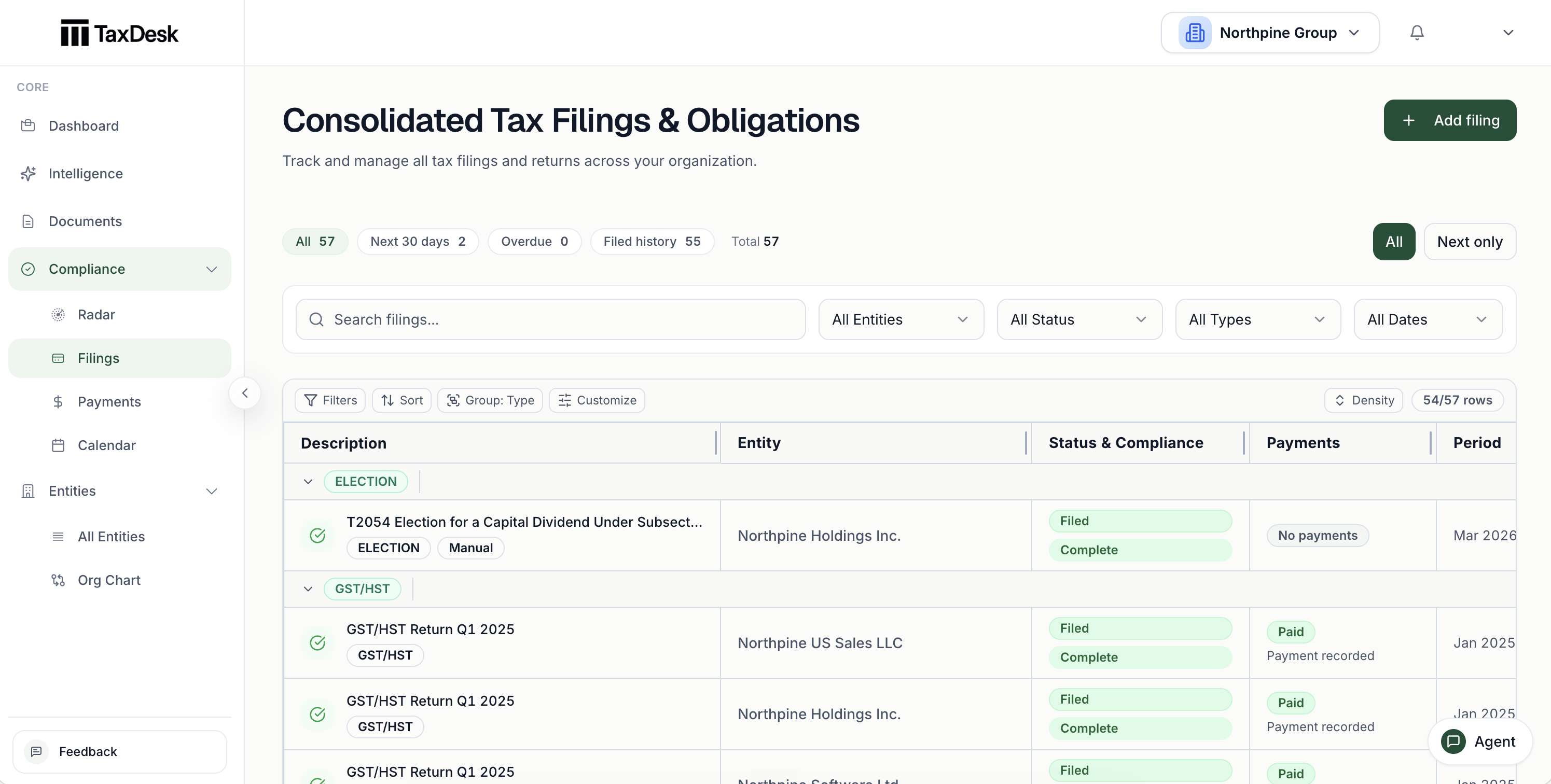 TaxDesk filing view showing GST/HST obligations by entity, period, due date and status.