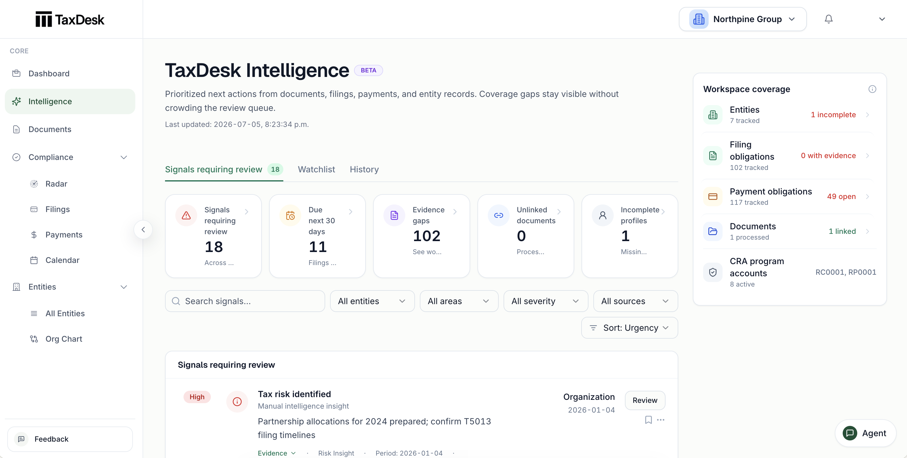 TaxDesk Intelligence view surfacing a weekly brief and prioritized review items.